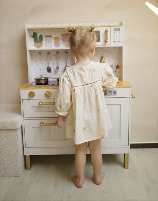 Cuisine en bois avec sons, lumières et accessoires - Blanc/Or