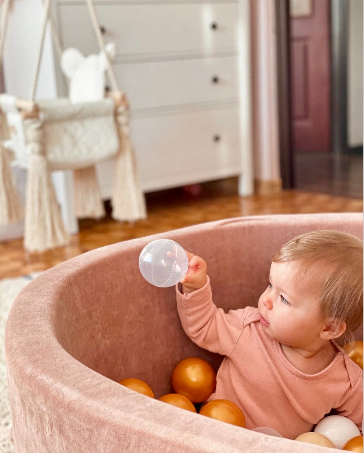 Piscine à balles ronde 90x30 cm en velours, 200 balles - Marron glacé | Balles au choix