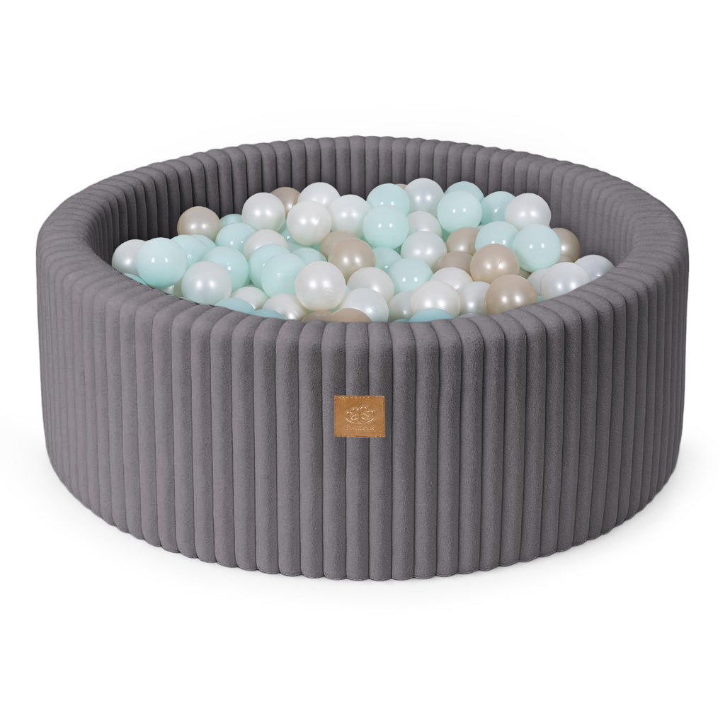Piscine à balles ronde 90x30 cm en velours côtelé Churros, 200 balles – Anthracite | Balles au choix