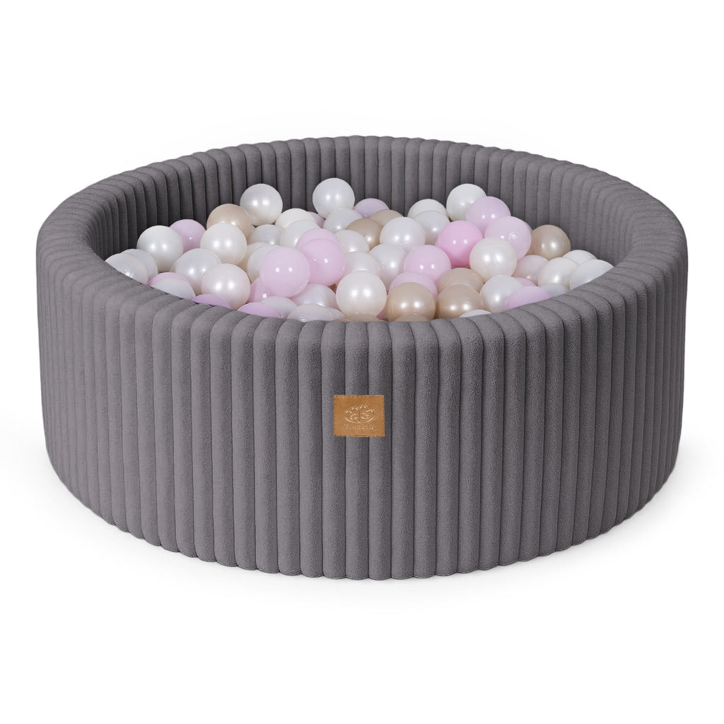 Piscine à balles ronde 90x30 cm en velours côtelé Churros, 200 balles – Anthracite | Balles au choix