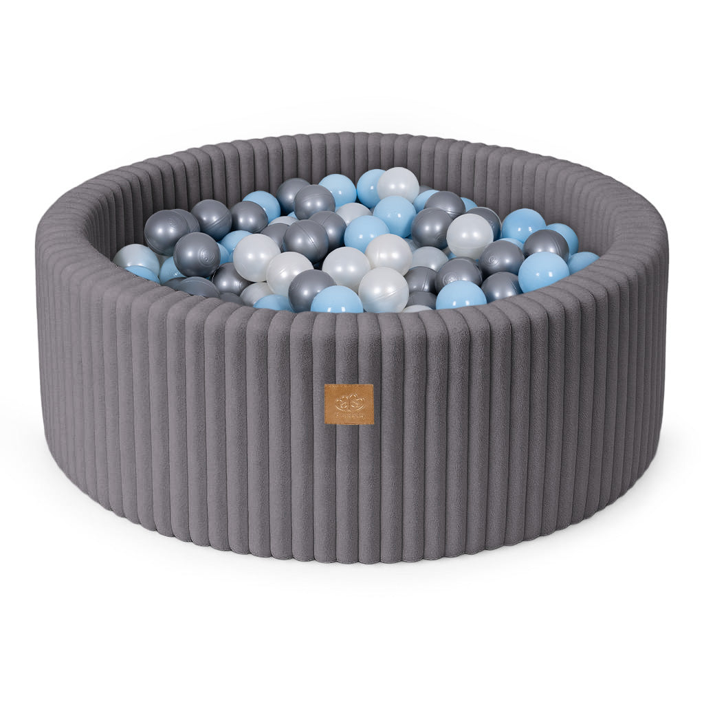 Piscine à balles ronde 90x30 cm en velours côtelé Churros, 200 balles – Anthracite | Balles au choix