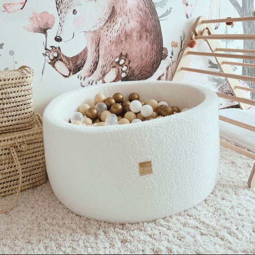 Piscine à balles ronde 90x40 cm en bouclette, 300 balles - Blanc | Balles au choix