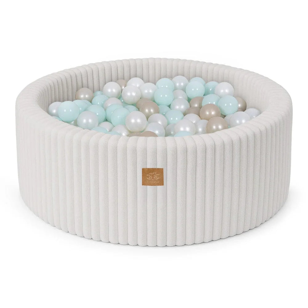 Piscine à balles ronde 90x30 cm en velours côtelé Churros, 200 balles – Crème | Balles au choix