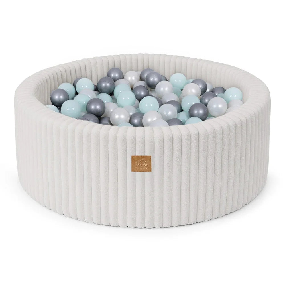 Piscine à balles ronde 90x30 cm en velours côtelé Churros, 200 balles – Crème | Balles au choix