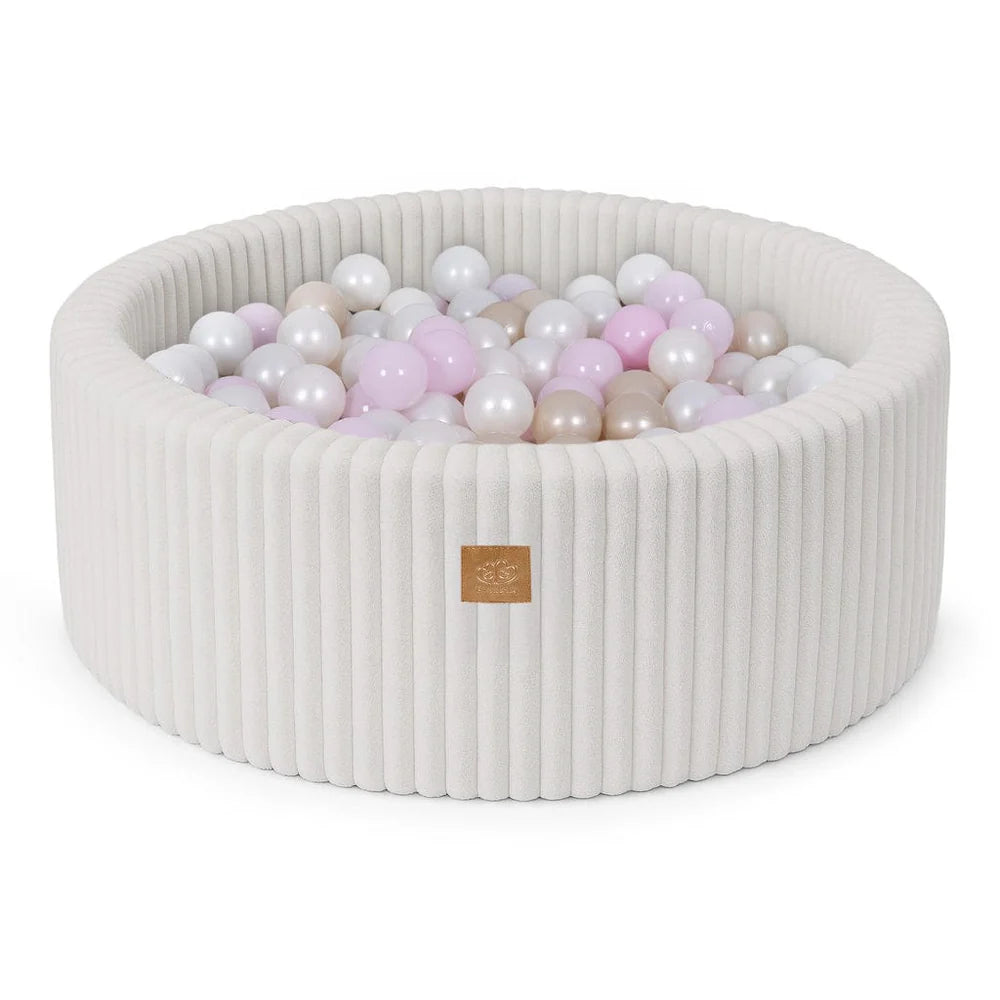 Piscine à balles ronde 90x30 cm en velours côtelé Churros, 200 balles – Crème | Balles au choix