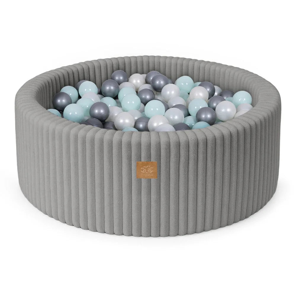 Piscine à balles ronde 90x30 cm en velours côtelé Churros, 200 balles – Gris | Balles au choix