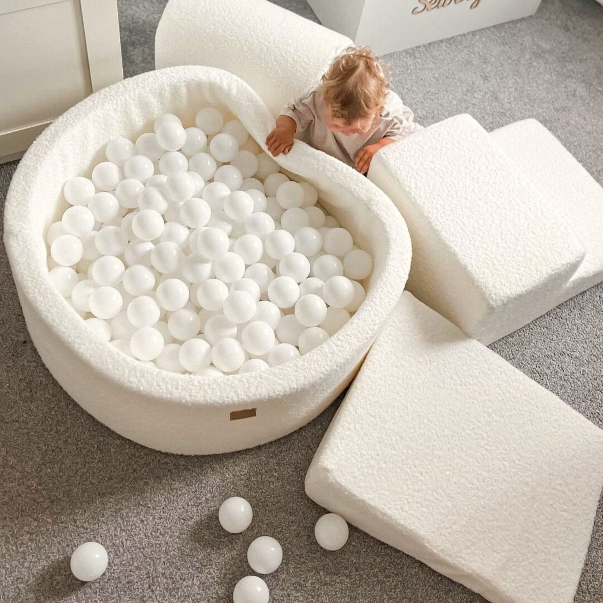 Meowbaby Boucle Kids Foam Climbing Blocks White - Baby Soft Play Set | Balls to Choose