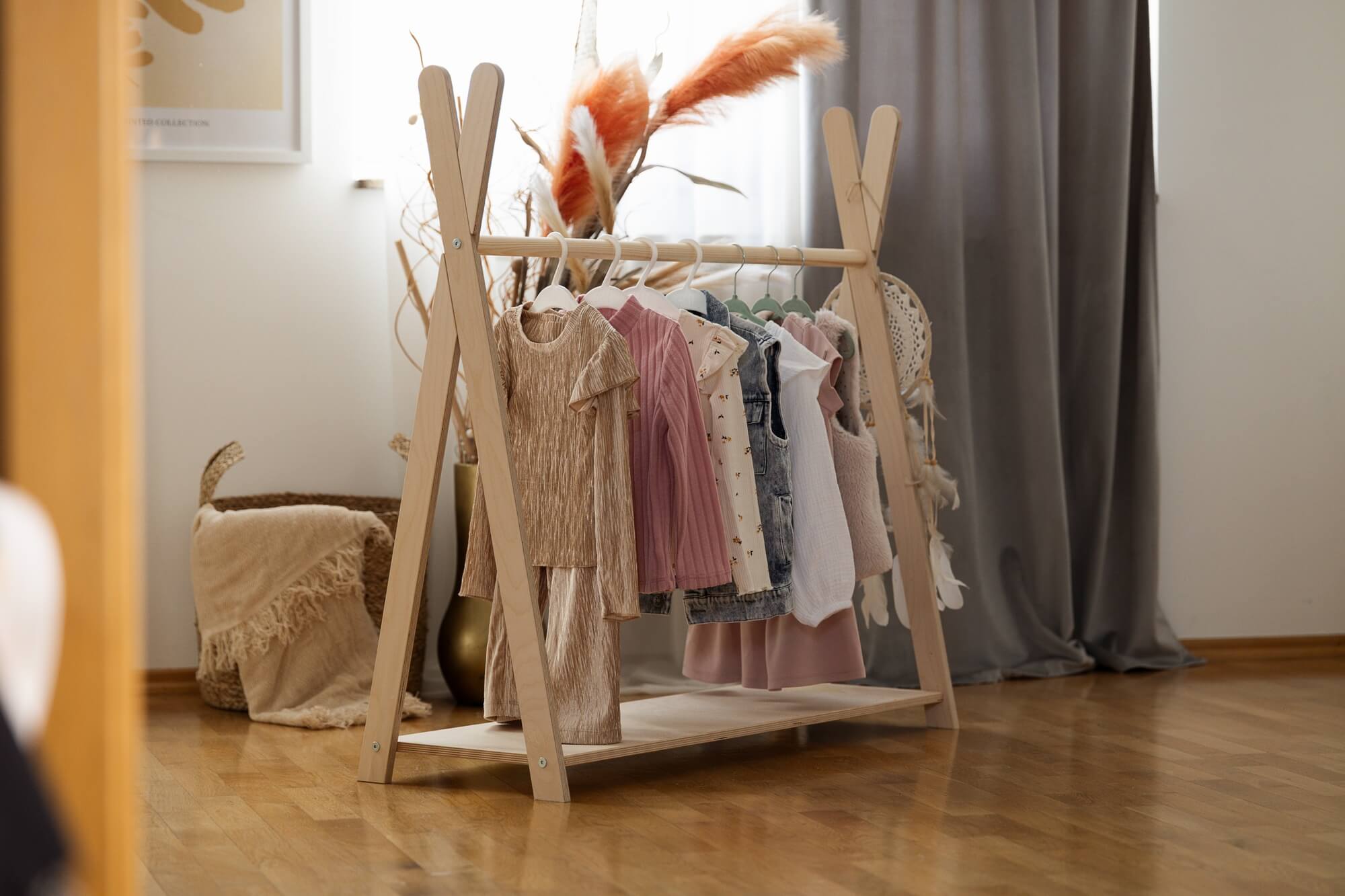 Meowbaby Tipi Hanger - Wooden Clothes Rail With Shelve For Kids Bedroom