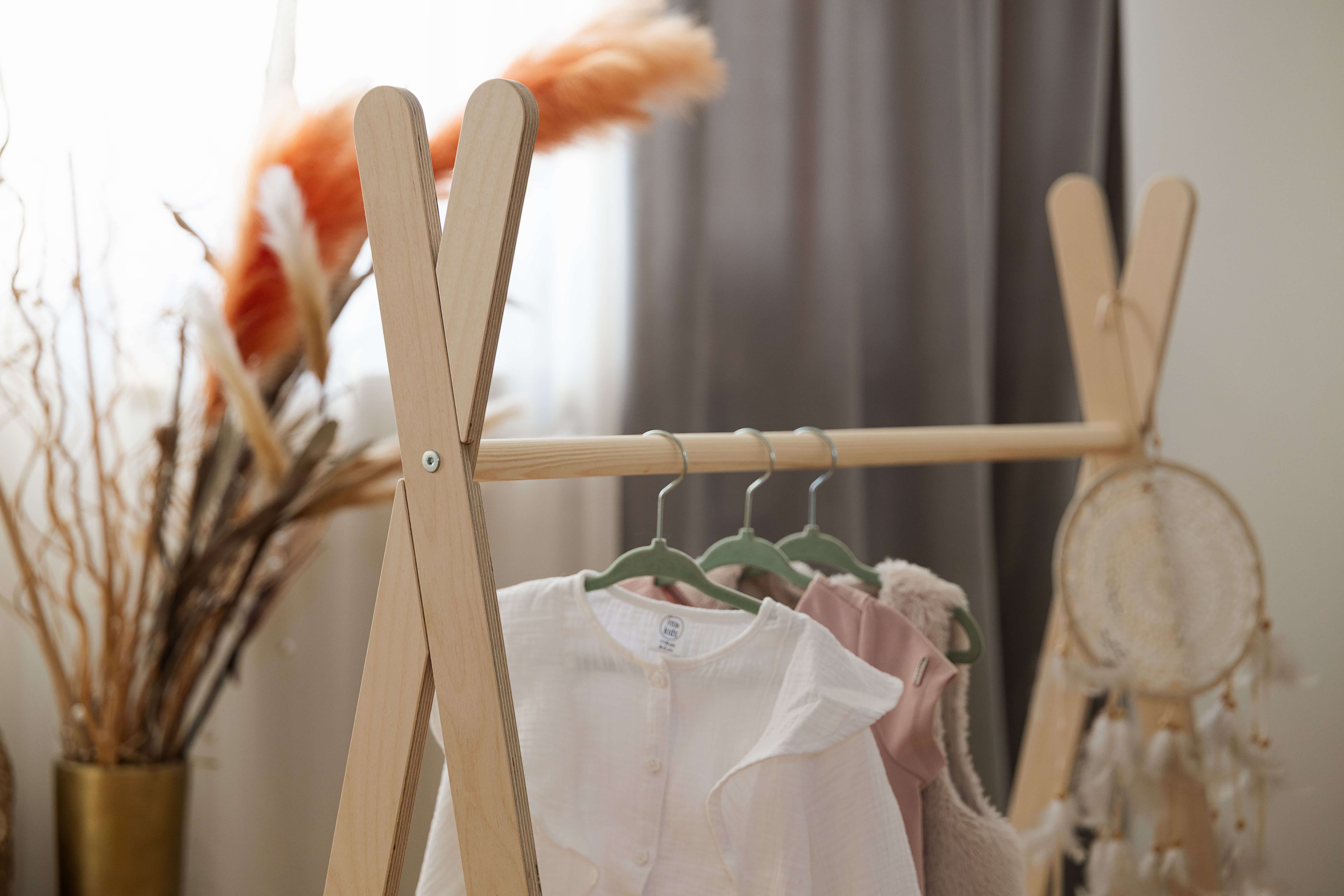 Meowbaby Tipi Hanger - Wooden Clothes Rail With Shelve For Kids Bedroom