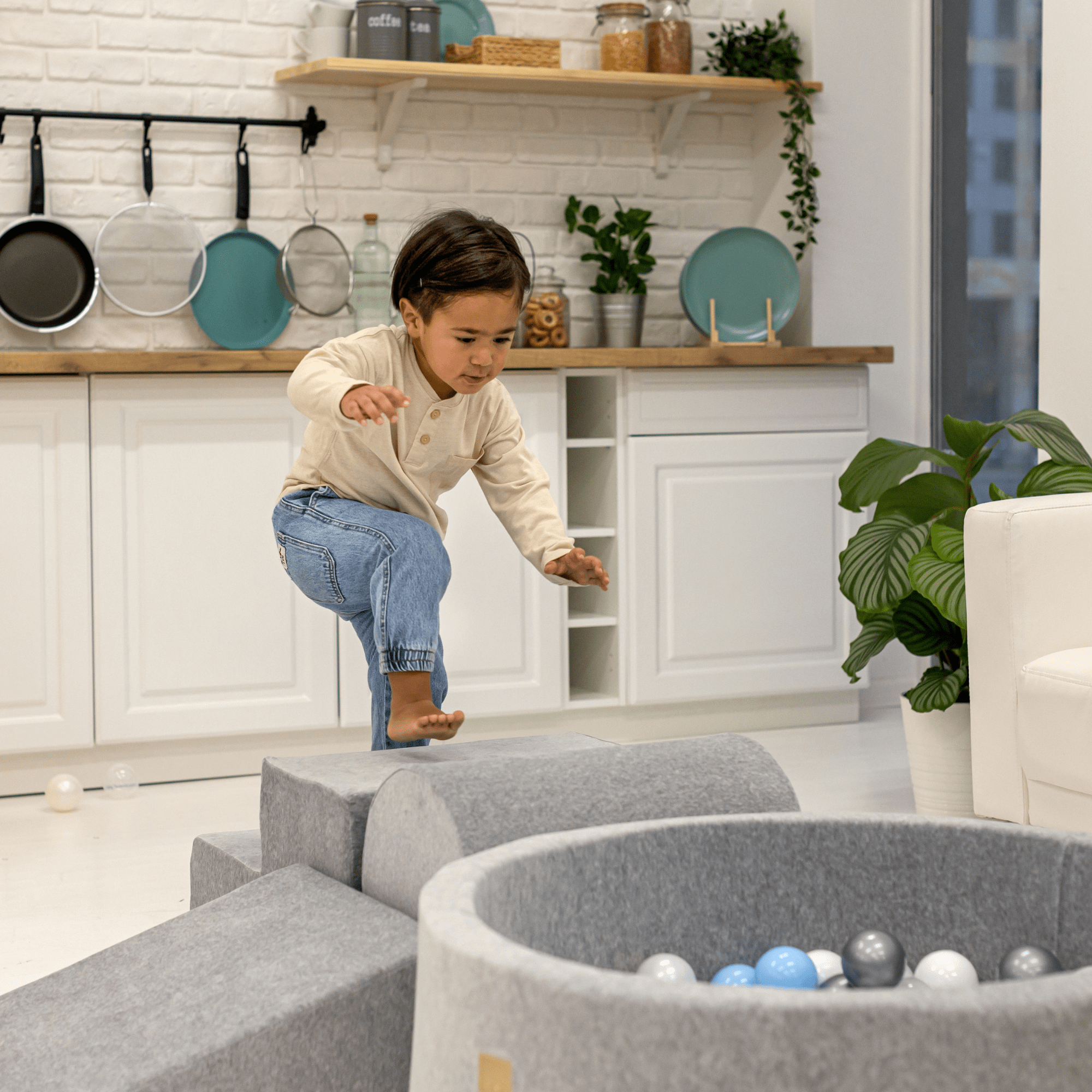 Meowbaby Velvet Kids Foam Climbing Blocks Beige - Baby Soft Play Set | Balls to Choose