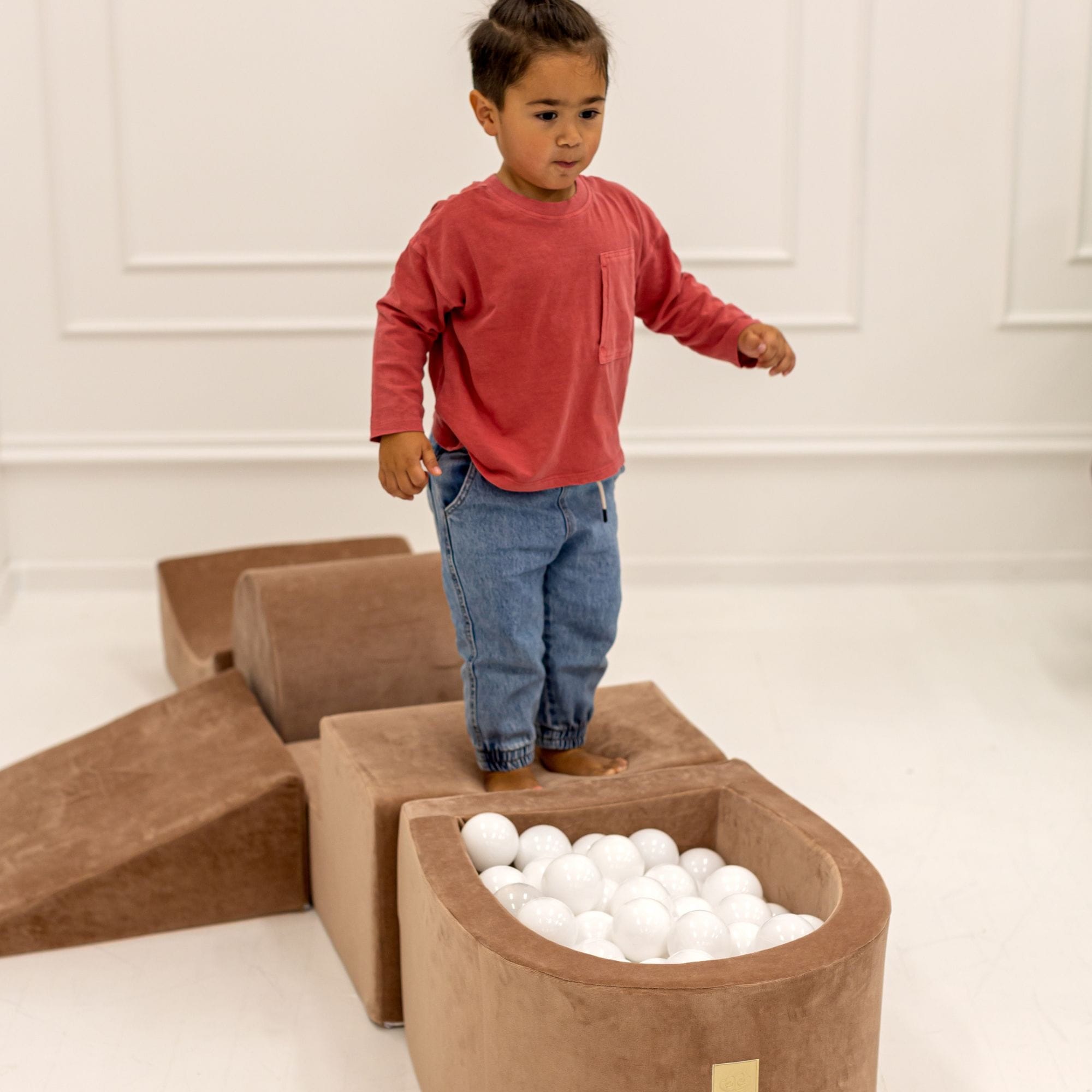 Meowbaby Velvet Kids Foam Climbing Blocks Ecru - Baby Soft Play Set | Balls to Choose
