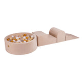 Parcours 3 pièces avec piscine à balles ronde 90x30 cm en velours, 200 balles - Beige | Balles au choix