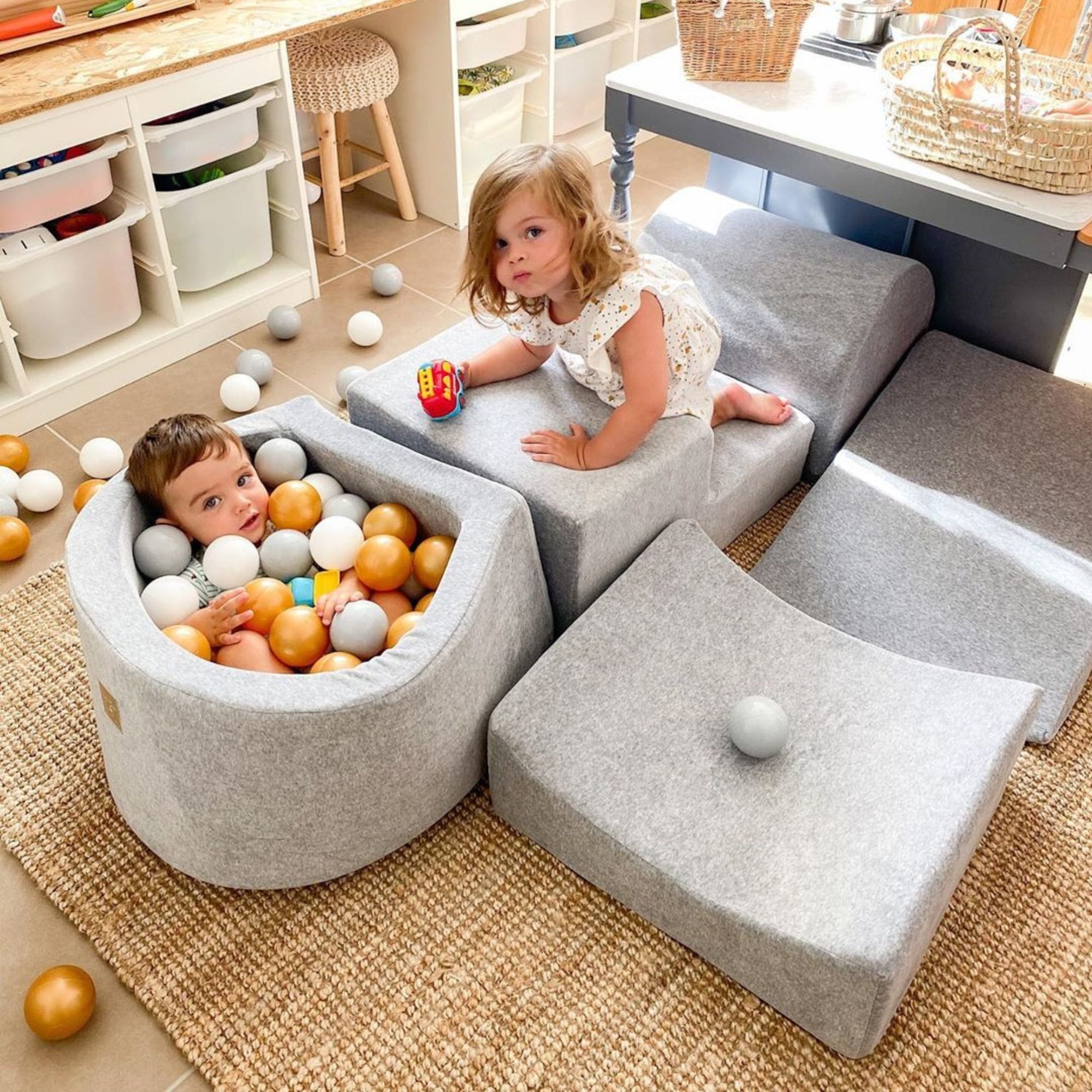 Meowbaby Velvet Kids Foam Climbing Blocks Grey-Blue - Baby Soft Play Set | Balls to Choose