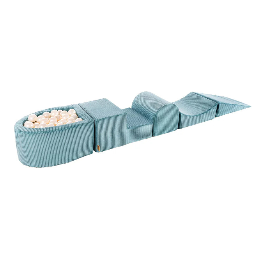 Parcours de motricité avec petite piscine à balles, en velours Corduroy à larges côtes Aesthetic - Turquoise | Balles au choix