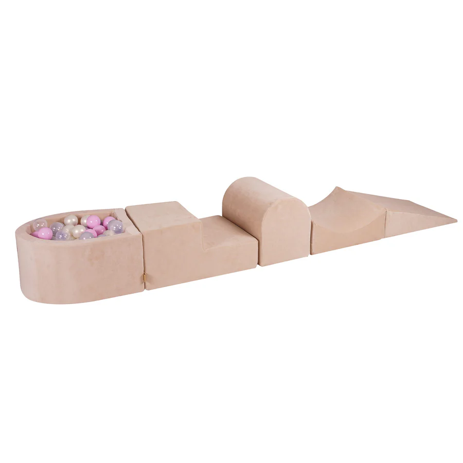 Parcours de motricité avec petite piscine à balles, en velours - Beige | Balles au choix