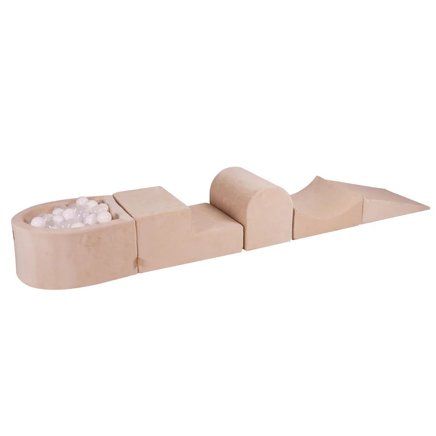 Parcours de motricité avec petite piscine à balles, en velours - Beige | Balles au choix