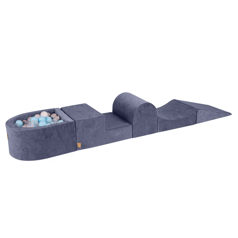 Parcours de motricité avec petite piscine à balles, en velours - Bleu | Balles au choix