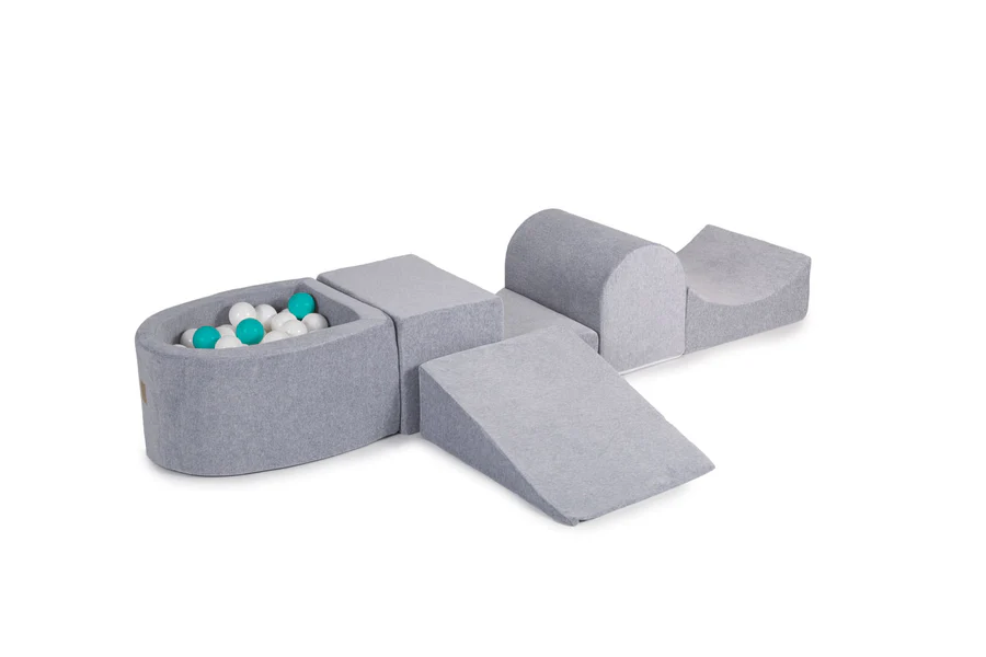 Parcours de motricité avec petite piscine à balles, en velours - Gris | Balles au choix