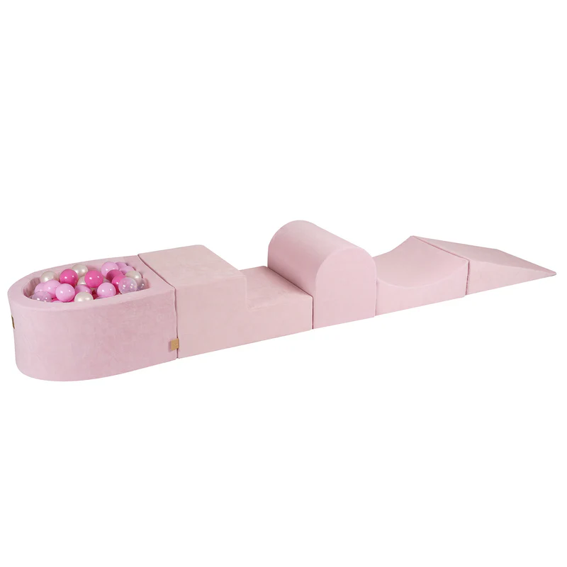 Parcours de motricité avec petite piscine à balles, en velours - Rose | Balles au choix