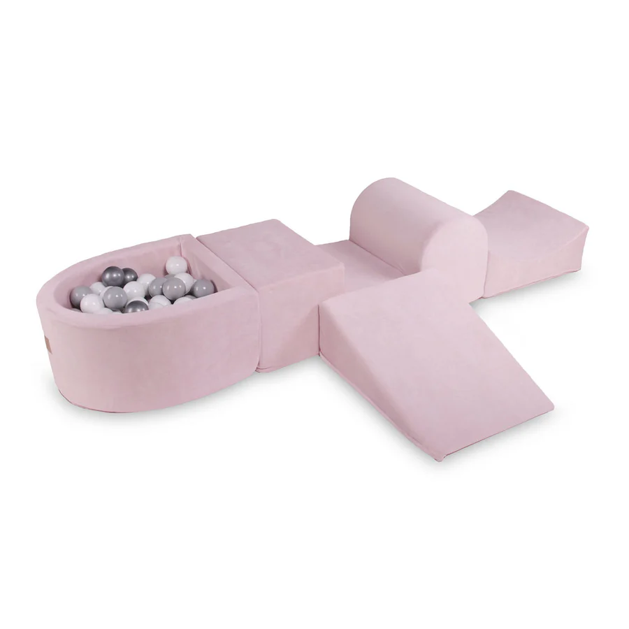 Parcours de motricité avec petite piscine à balles, en velours - Rose | Balles au choix