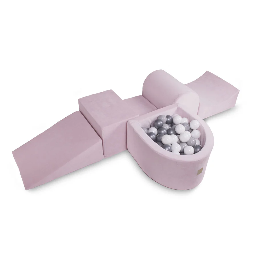 Parcours de motricité avec petite piscine à balles, en velours - Rose | Balles au choix
