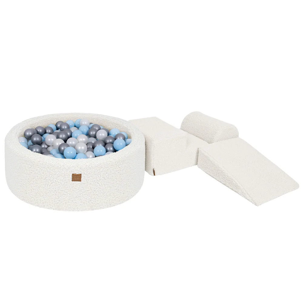 Parcours avec piscine à balles ronde 90x30 cm en peluche Bearly, 200 balles - Blanc cassé | Balles au choix