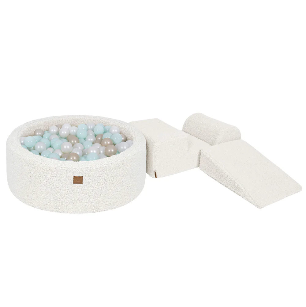 Parcours avec piscine à balles ronde 90x30 cm en peluche Bearly, 200 balles - Blanc cassé | Balles au choix