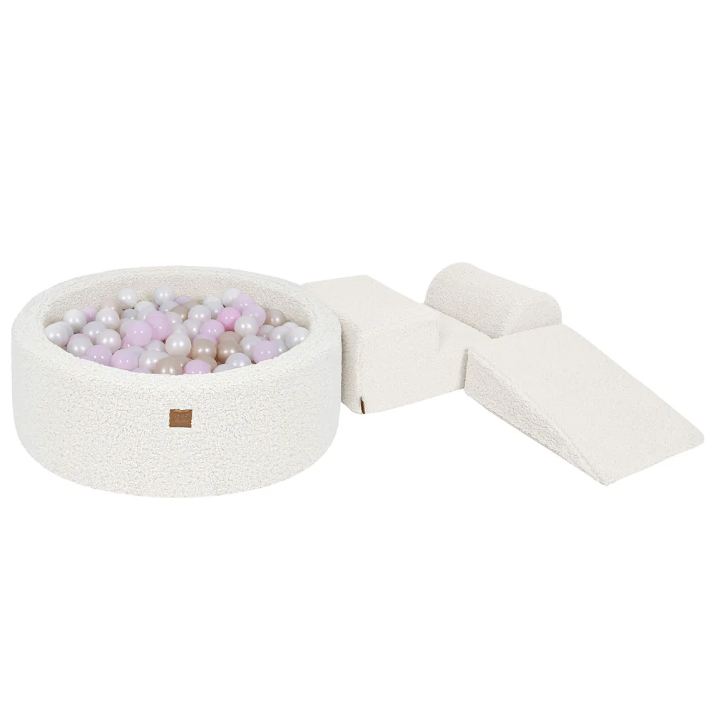Parcours avec piscine à balles ronde 90x30 cm en peluche Bearly, 200 balles - Blanc | Balles au choix