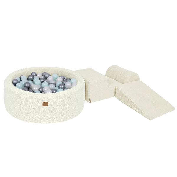 Parcours 3 pièces avec piscine à balles ronde 90x30 cm en peluche Bearly, 200 balles - Crème | Balles au choix