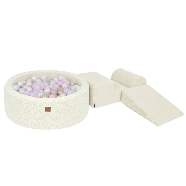 Parcours 3 pièces avec piscine à balles ronde 90x30 cm en peluche Bearly, 200 balles - Crème | Balles au choix