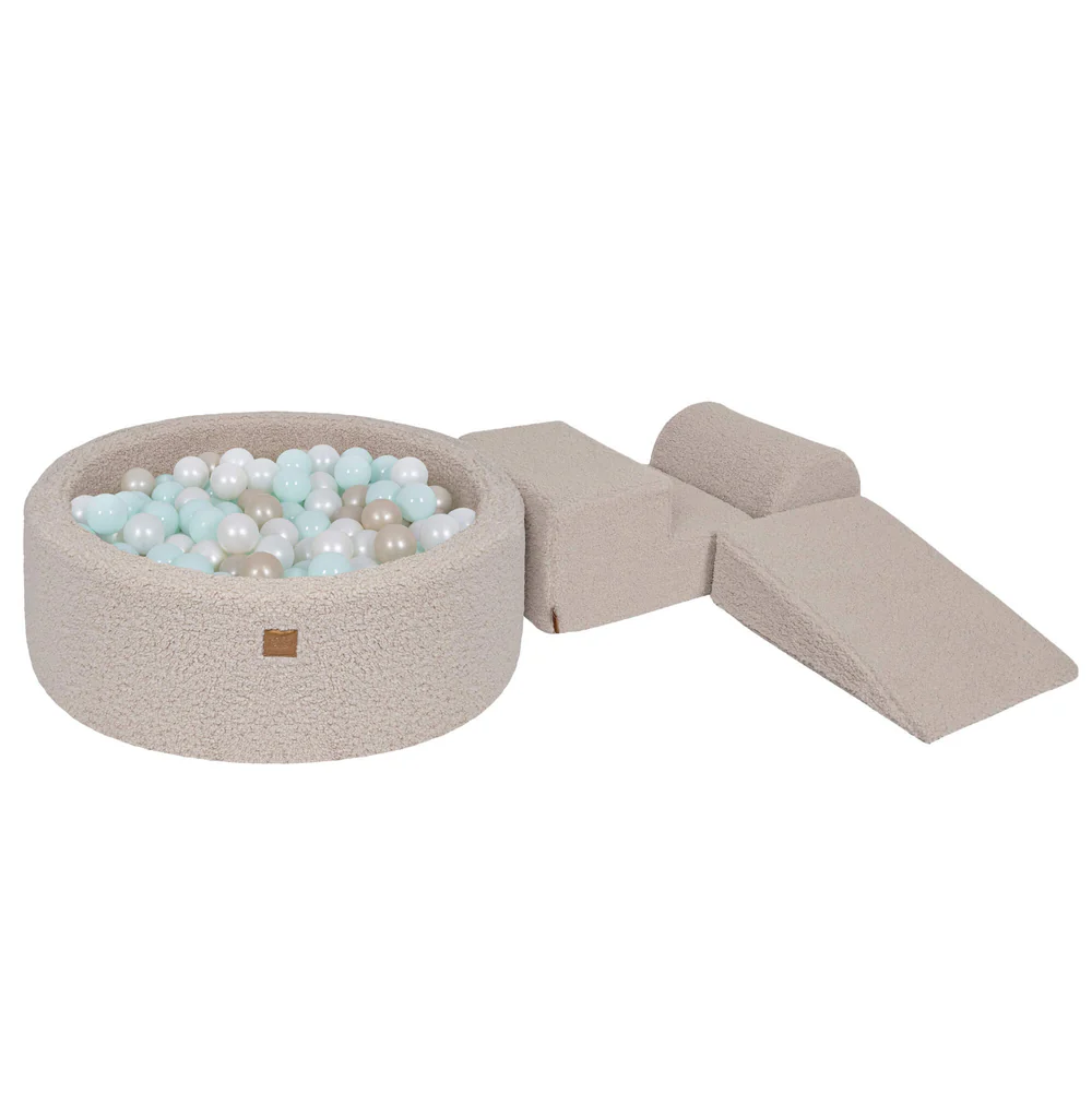 Parcours 3 pièces avec piscine à balles ronde 90x30 cm en peluche Bearly, 200 balles - Taupe | Balles au choix