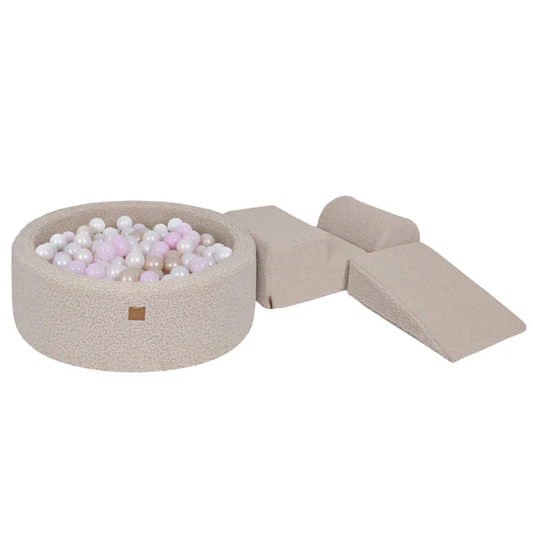 Parcours 3 pièces avec piscine à balles ronde 90x30 cm en peluche Bearly, 200 balles - Taupe | Balles au choix