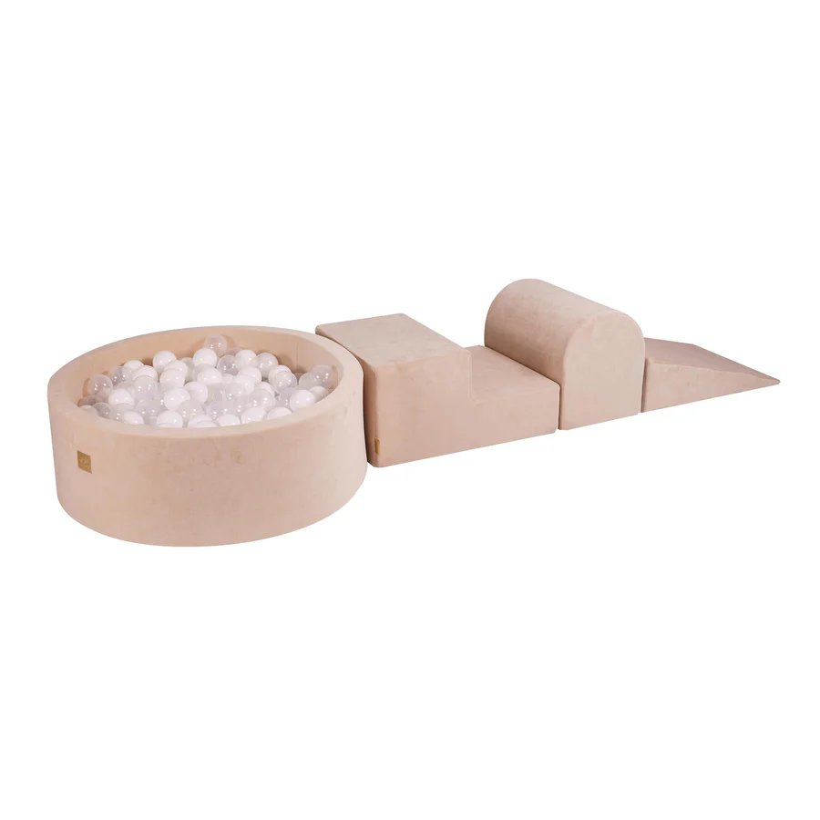 Parcours avec piscine à balles ronde 90x30 cm en velours, 200 balles - Beige | Balles au choix