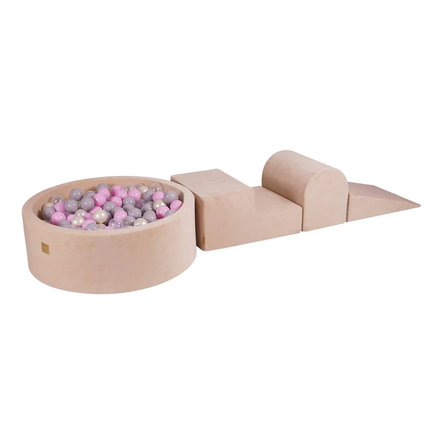 Parcours avec piscine à balles ronde 90x30 cm en velours, 200 balles - Beige | Balles au choix