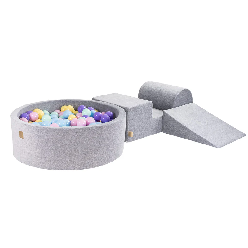Parcours 3 pièces avec piscine à balles ronde 90x30 cm en velours, 200 balles - Gris | Balles au choix