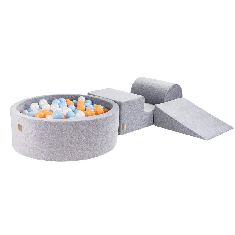 Parcours 3 pièces avec piscine à balles ronde 90x30 cm en velours, 200 balles - Gris | Balles au choix