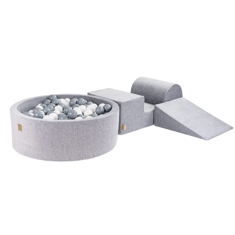 Parcours 3 pièces avec piscine à balles ronde 90x30 cm en velours, 200 balles - Gris | Balles au choix