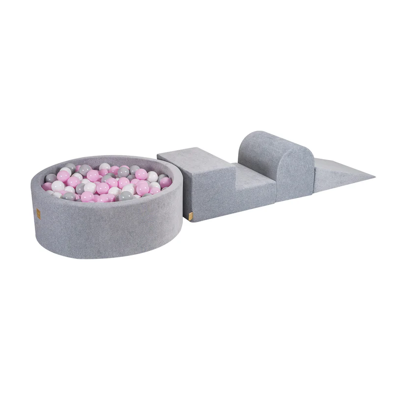 Parcours 3 pièces avec piscine à balles ronde 90x30 cm en velours, 200 balles - Gris | Balles au choix