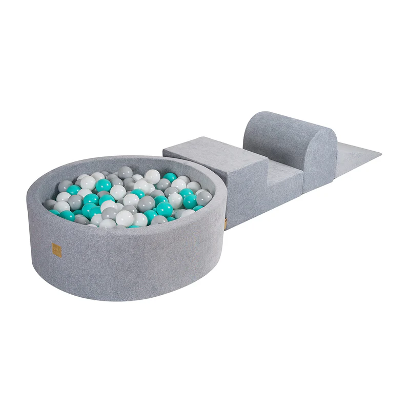 Parcours 3 pièces avec piscine à balles ronde 90x30 cm en velours, 200 balles - Gris | Balles au choix