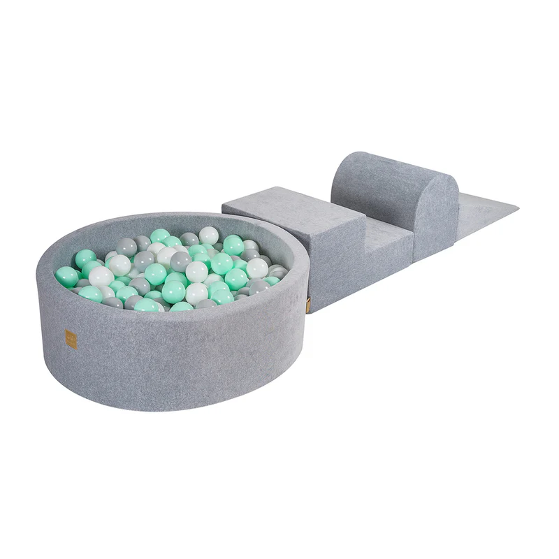 Parcours 3 pièces avec piscine à balles ronde 90x30 cm en velours, 200 balles - Gris | Balles au choix