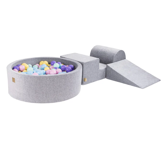 Parcours 3 pièces avec piscine à balles ronde 90x30 cm en velours, 200 balles - Gris | Balles au choix
