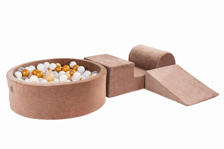 Parcours avec piscine à balles ronde 90x30 cm en velours, 200 balles - Marron glacé | Balles au choix