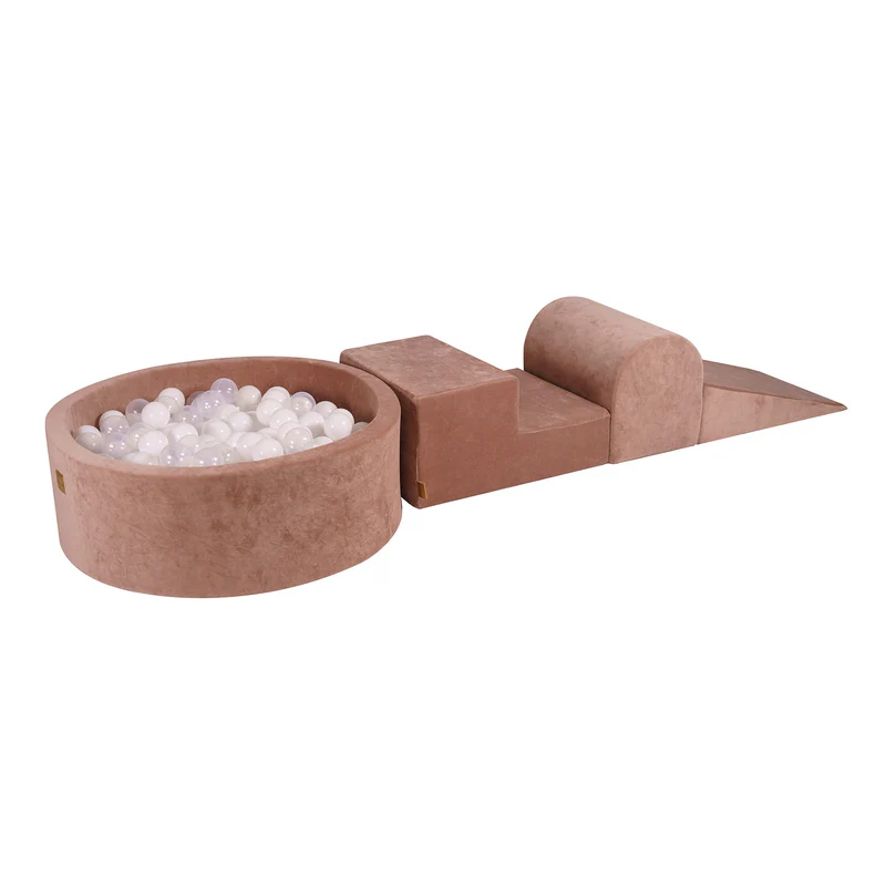 Parcours 3 pièces avec piscine à balles ronde 90x30 cm en velours, 200 balles - Marron glacé | Balles au choix
