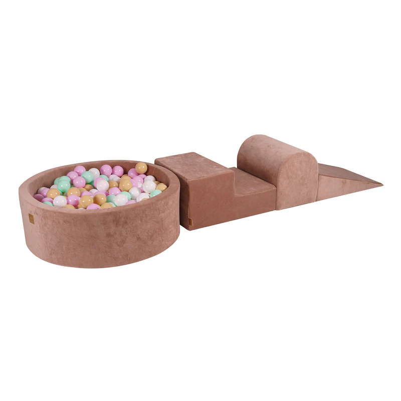Parcours 3 pièces avec piscine à balles ronde 90x30 cm en velours, 200 balles - Marron glacé | Balles au choix