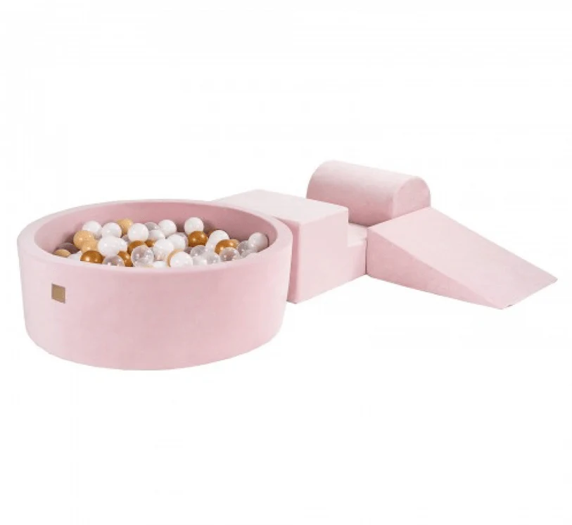 Parcours avec piscine à balles ronde 90x30 cm en velours, 200 balles - Rose | Balles au choix