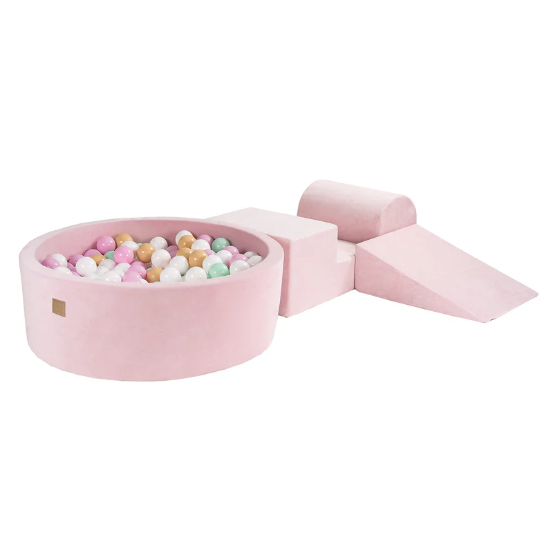Parcours 3 pièces avec piscine à balles ronde 90x30 cm en velours, 200 balles - Rose | Balles au choix