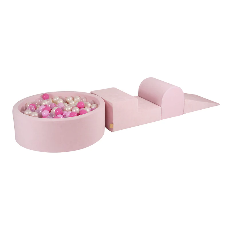 Parcours 3 pièces avec piscine à balles ronde 90x30 cm en velours, 200 balles - Rose | Balles au choix