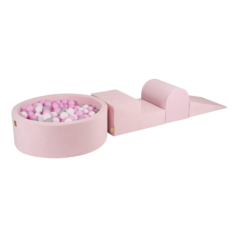 Parcours 3 pièces avec piscine à balles ronde 90x30 cm en velours, 200 balles - Rose | Balles au choix