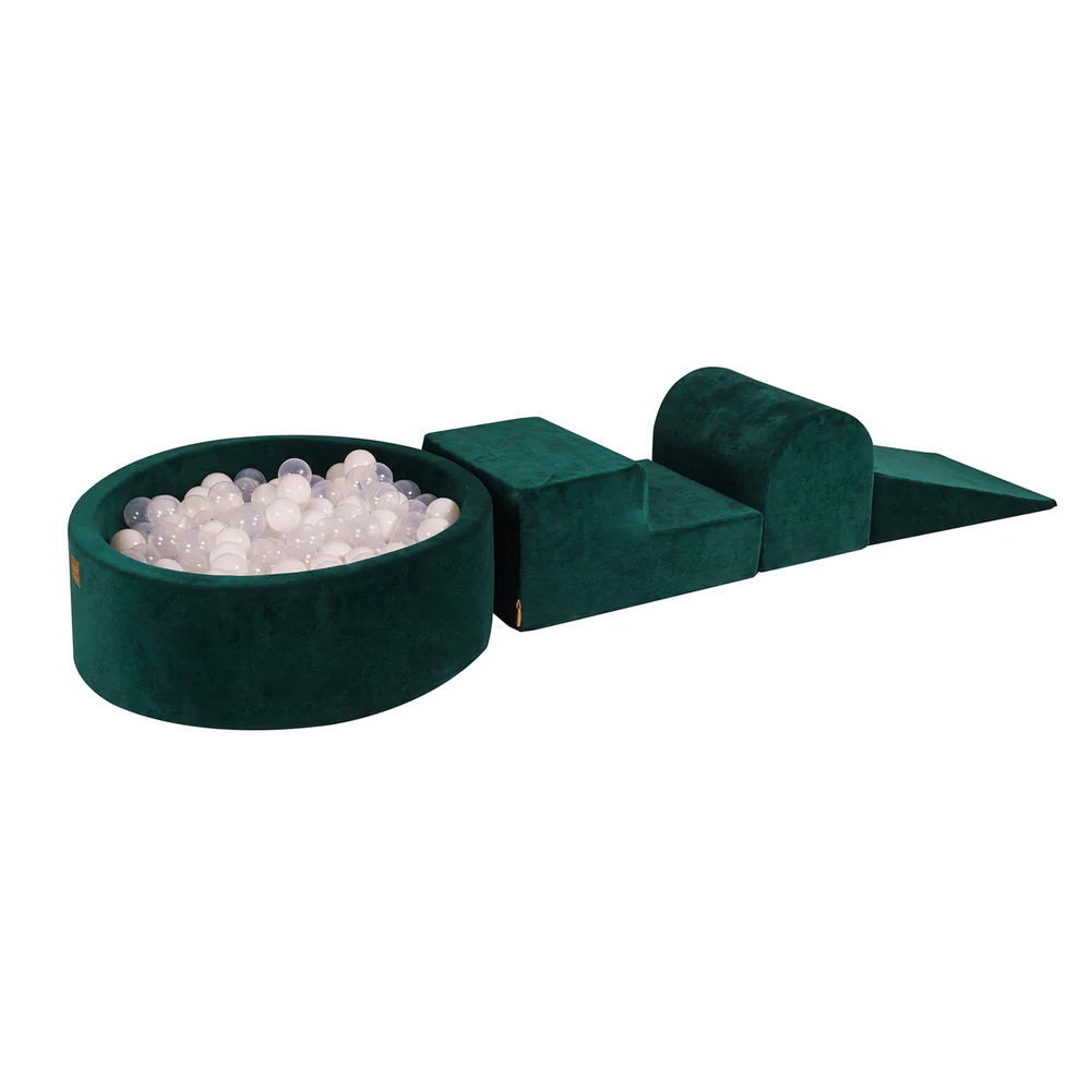 Parcours avec piscine à balles ronde 90x30 cm en velours, 200 balles - Vert émeraude | Balles au choix