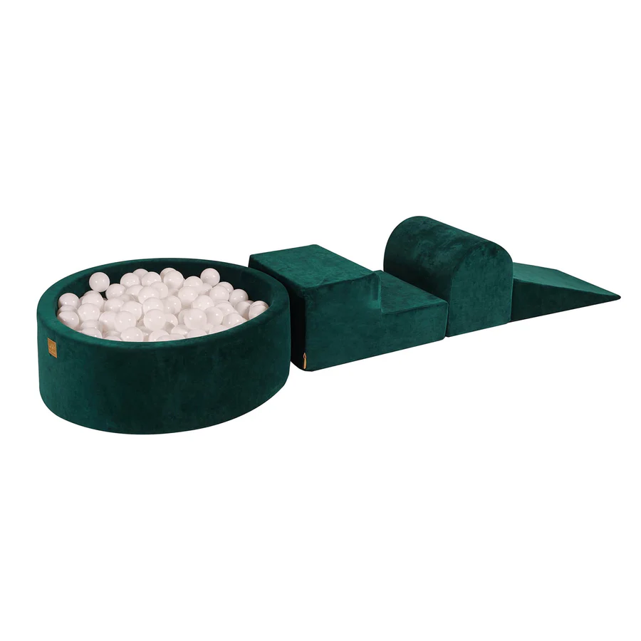 Parcours avec piscine à balles ronde 90x30 cm en velours, 200 balles - Vert émeraude | Balles au choix
